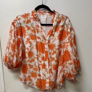 NWT Forte Orange and White Floral Button Down Shirt